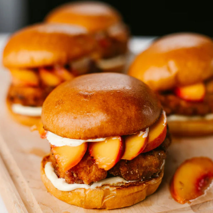 Peach fried chicken sandwich