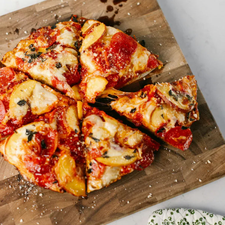 Pan Pizza with Peaches, Pepperoni, and Hot Honey